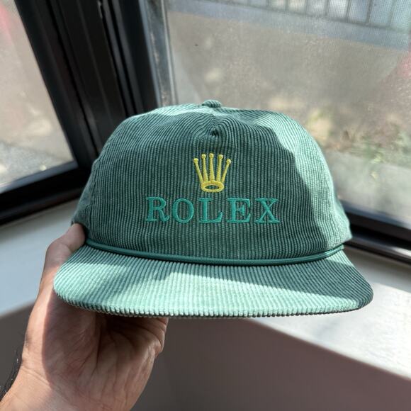 Vintage Rolex Corduroy Trucker Cap Hat 80s 90s Style Green Embroidery Rare Snap - Picture 1 of 10